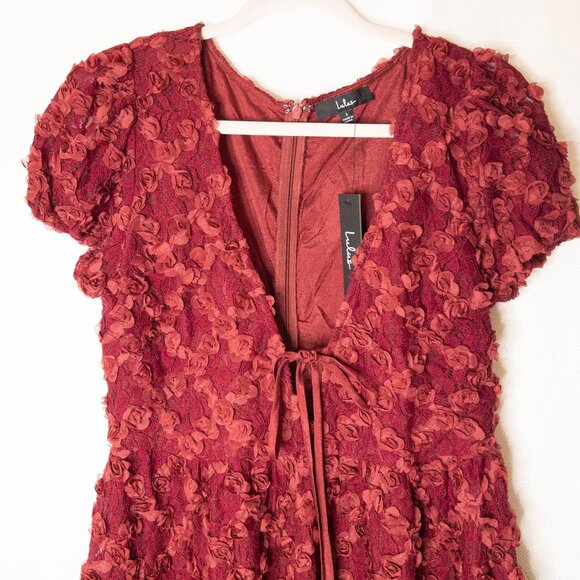 Lulus NWT Burgundy Lace Dress L | 3D Floral Appliqué Wedding Guest Outfit - Picture 15 of 15